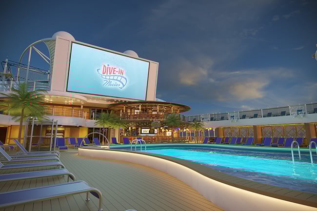Mid-ship Beach Pool and an infinity Aft Tides Pool with a bar, ample seating and sweeping ocean view