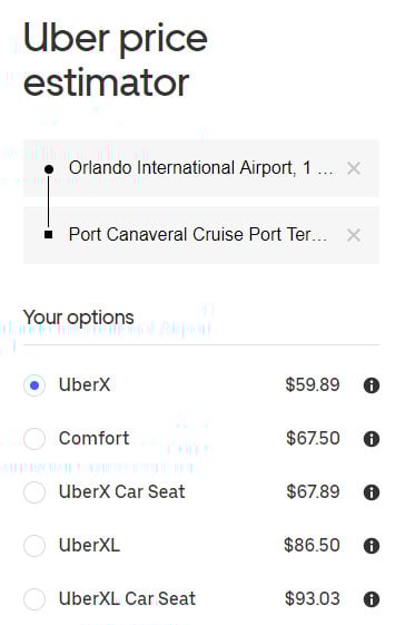 Uber Estimate with Car Seat - Orlando International (MCO) to Port Canaveral