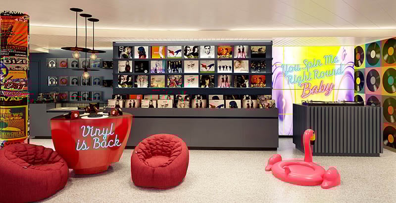 Voyage Vinyl record shop on Virgin Voyages' Scarlet Lady